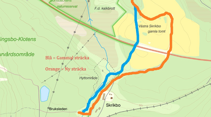 Karta över Skrikboravinen som visar den nya och gamla sträckningen