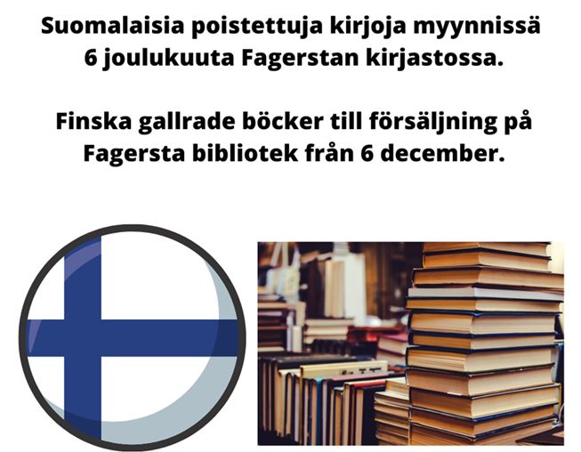 Finsk flagga bredvid en hög med böcker