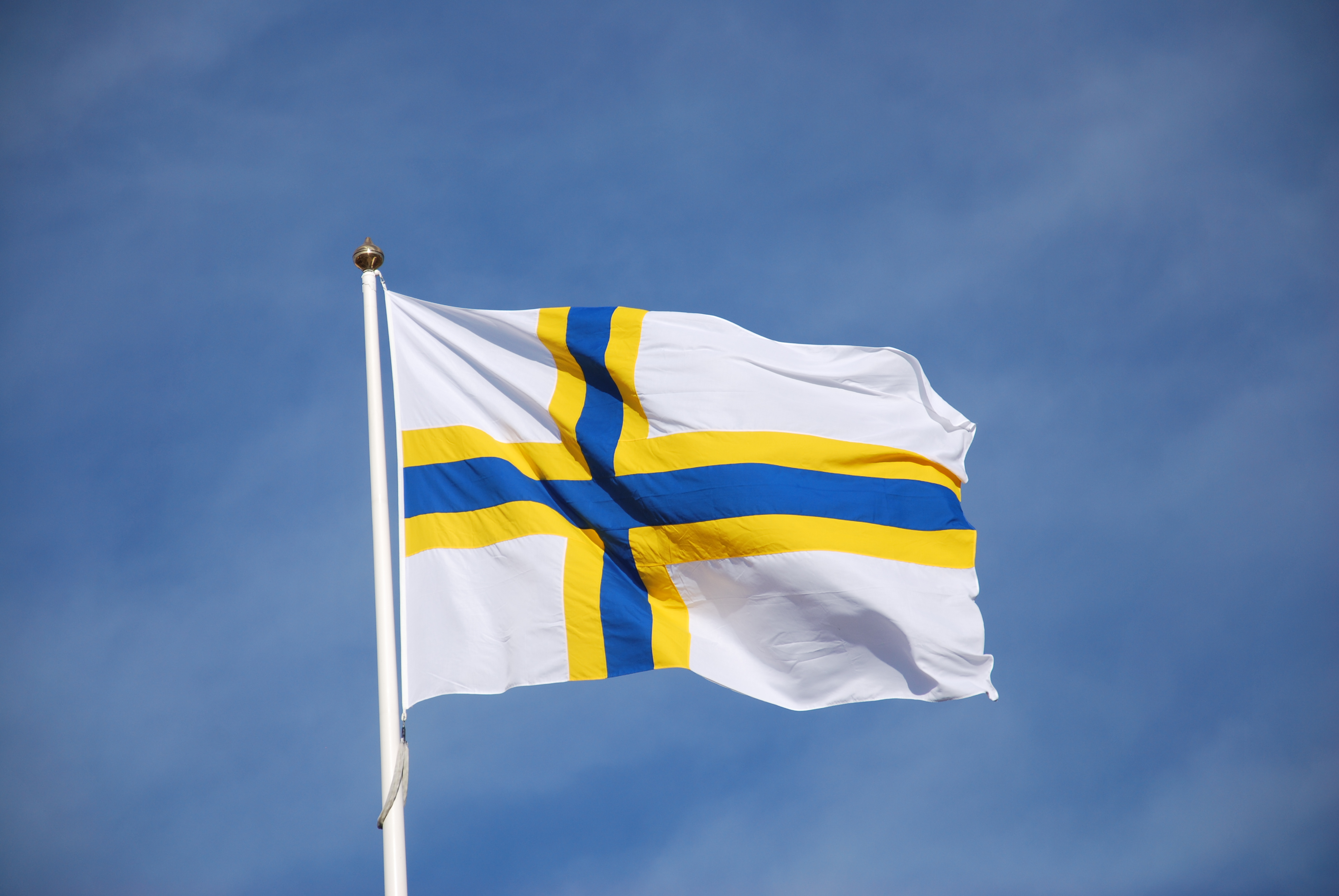 Bild på svergefinskaflaggan. Vit botten med gulblått kors.