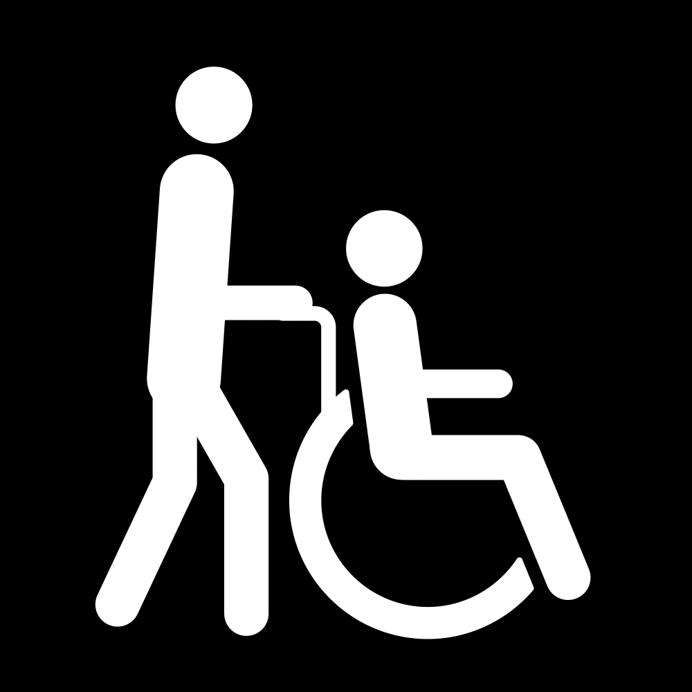Svart fyrkant som innehåller en vit symbol som föreställer en person i rullstol och en som kör rullstolen.