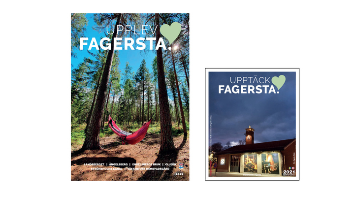 Omslaget på Fagerstas turistbroschyr och Fagerstakartan.