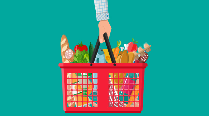 Illustrerad bild på en hand som håller i en röd kundkorg full med matvaror. Bakgrunden är mintgrön.